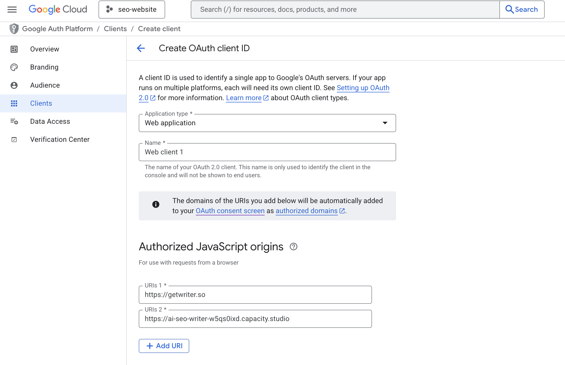 Google Auth add Javascript origins