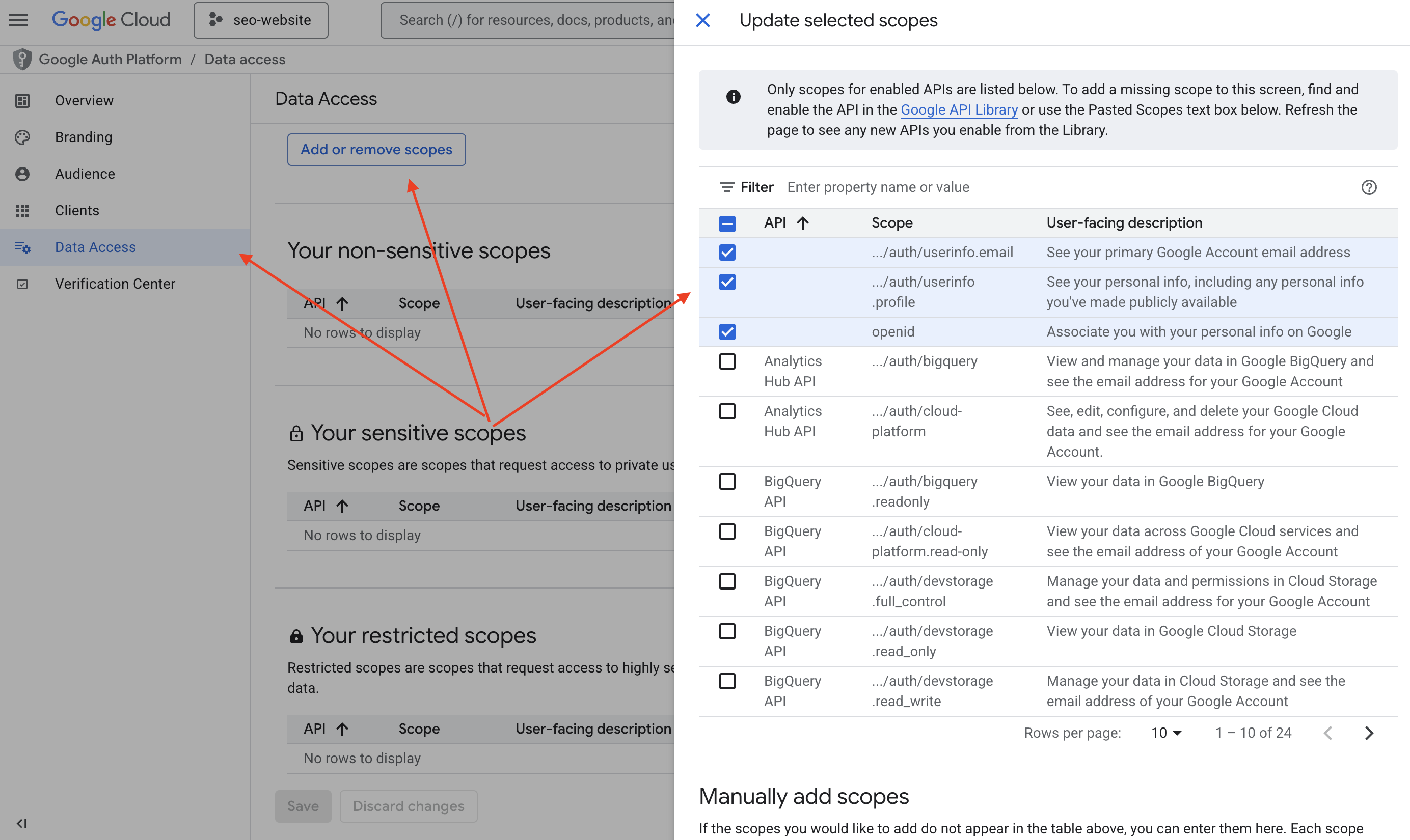 Google Auth add scopes