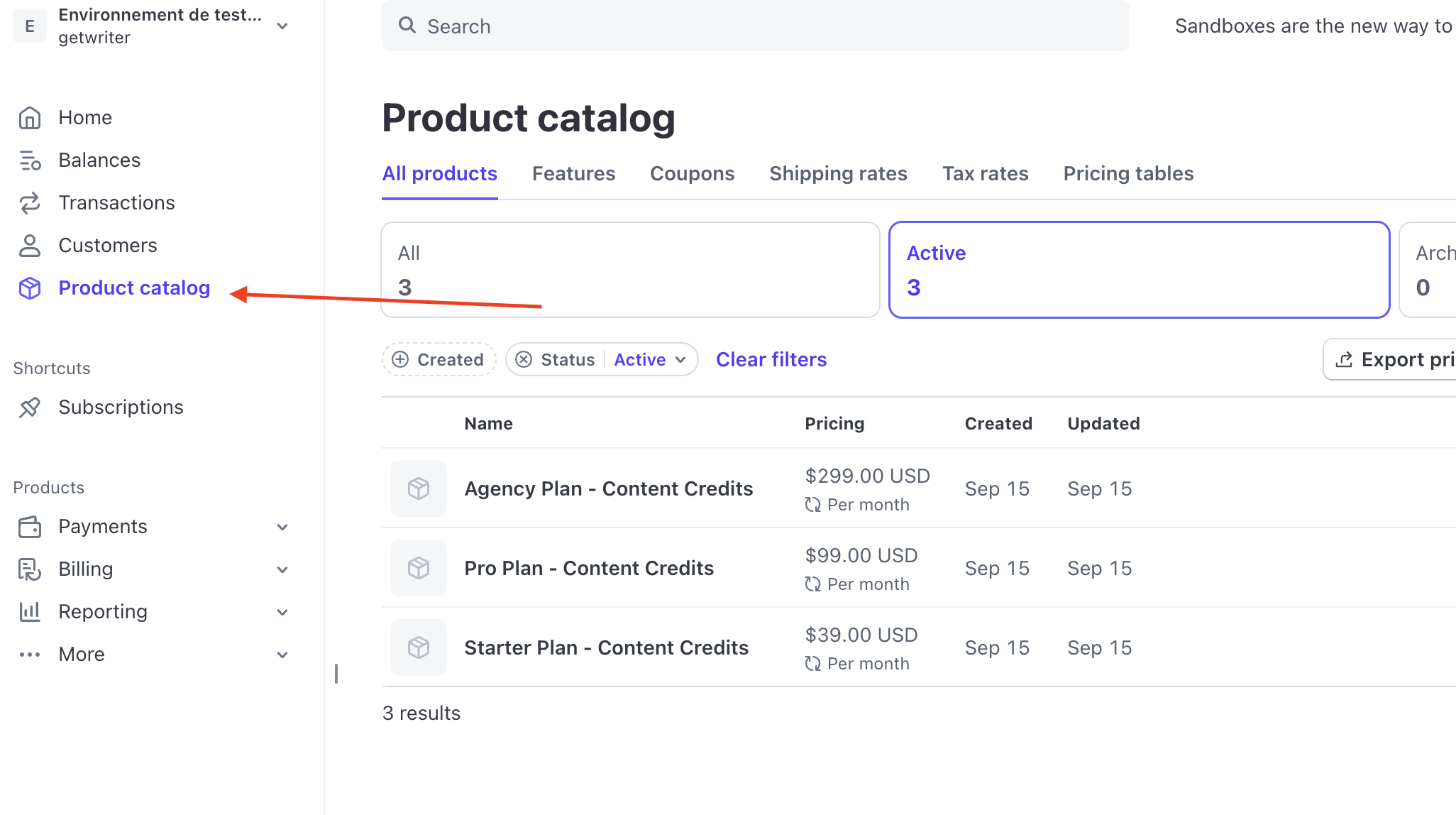 Stripe products catalog