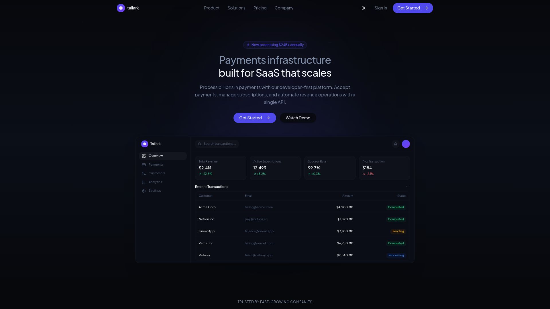 Dark Payments Dashboard Showcase — built with Capacity